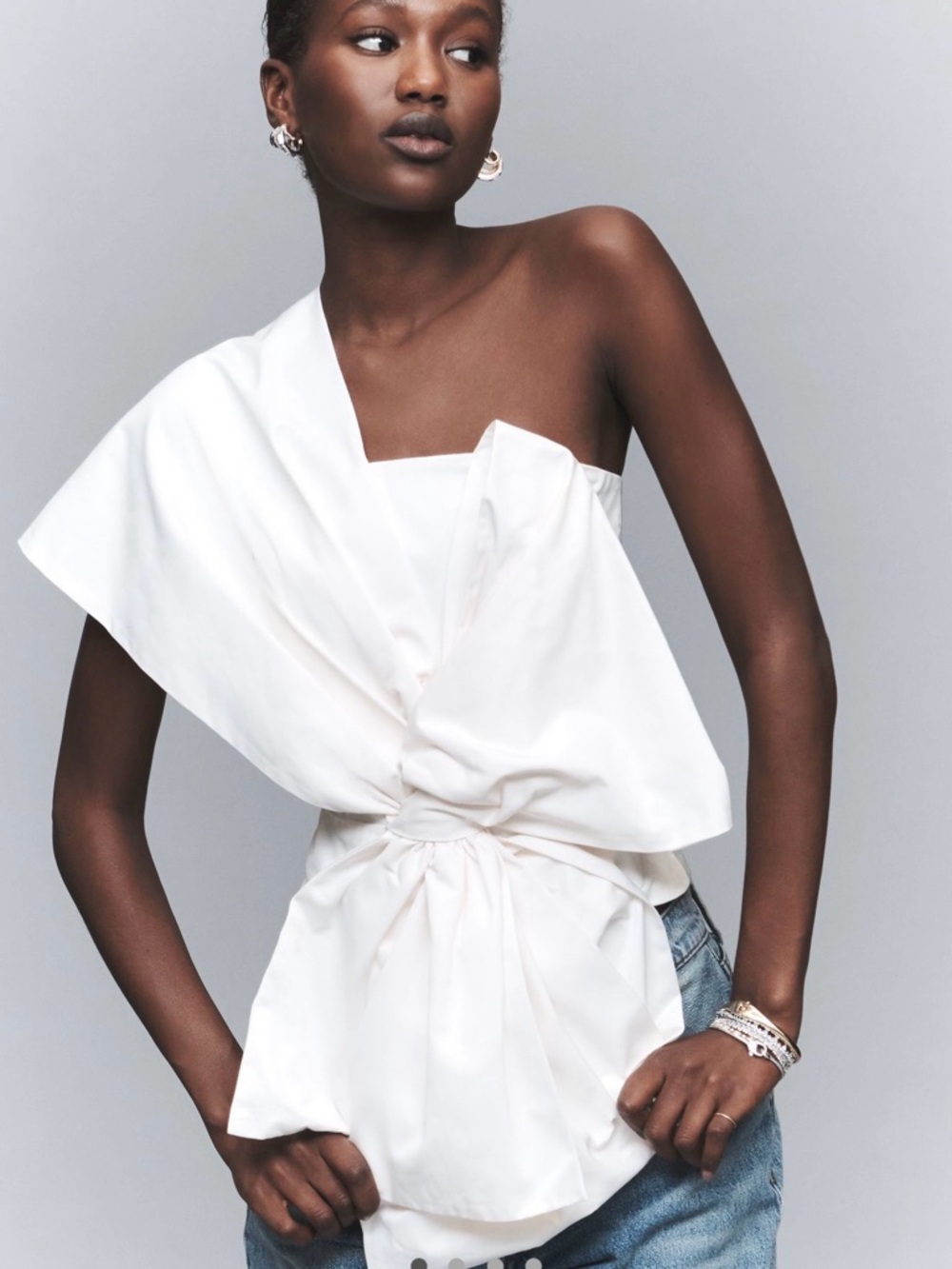 Anthropologie White One-Shoulder Knot-Front Top